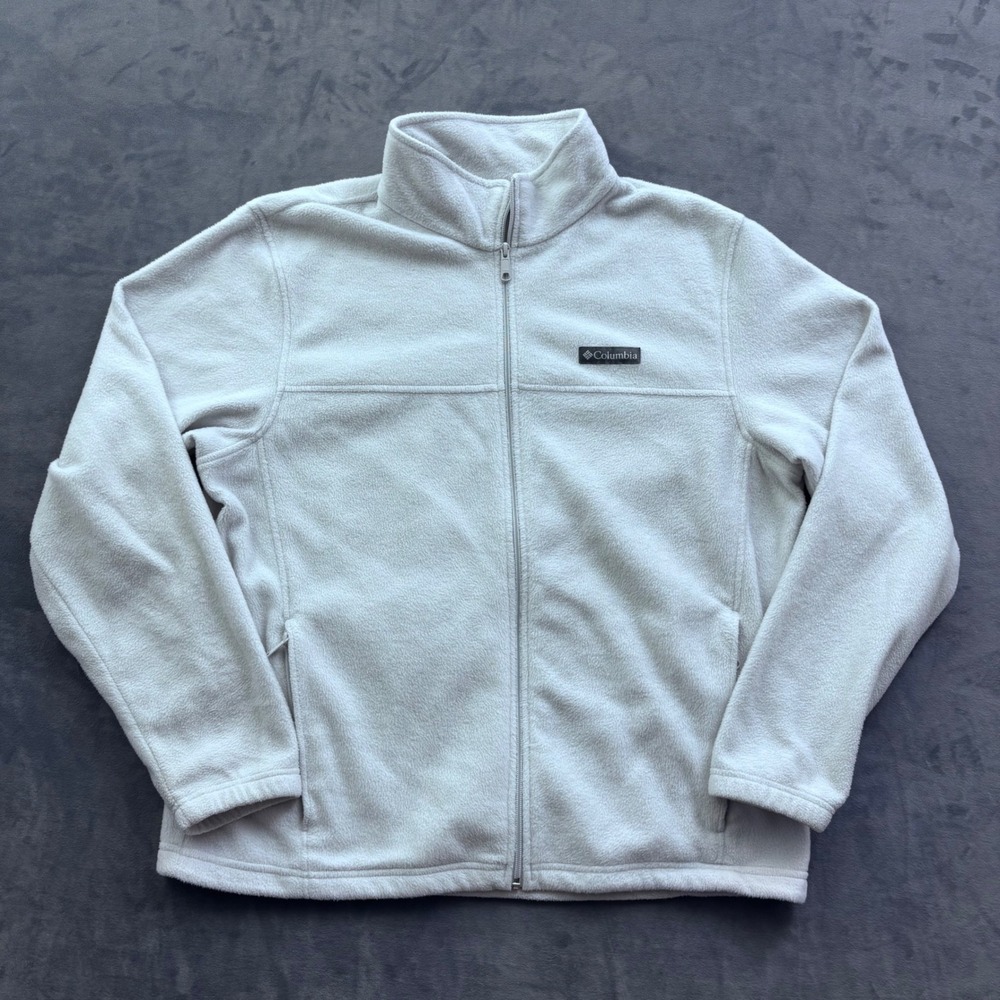 Columbia Mens XL Full Zip Fleece Jacket Cream White Mock Neck Cozy